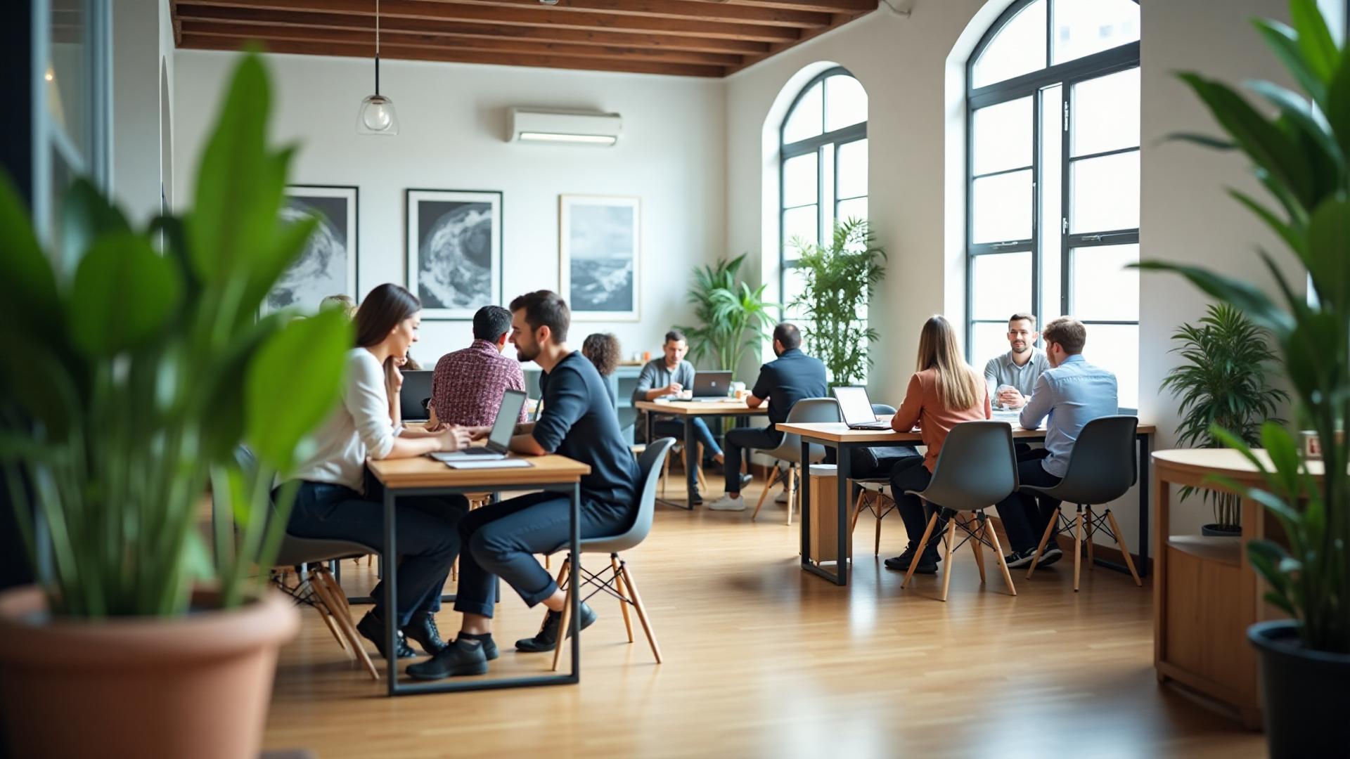 Espaço moderno de coworking em Vitória/ES com estações de trabalho confortáveis e bem iluminadas